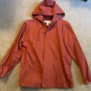 Christopher & Banks Women’s Brick Red Hooded Jacket. One button missing on back.